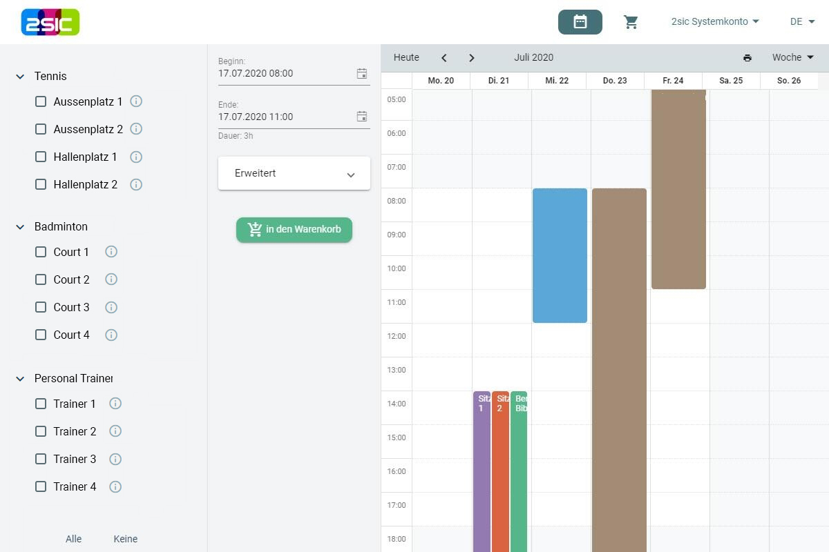 Sportplatz Reservationen und Trainer Buchungen online verwalten